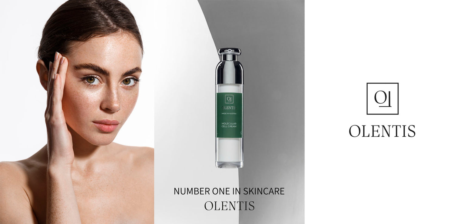 OLENTIS - Hautpflege aus Österreich. Fotocollage aus Produkt, einer Dame nach Anwendung des Produktes und das Firmenlogo von OLENTIS e.U.