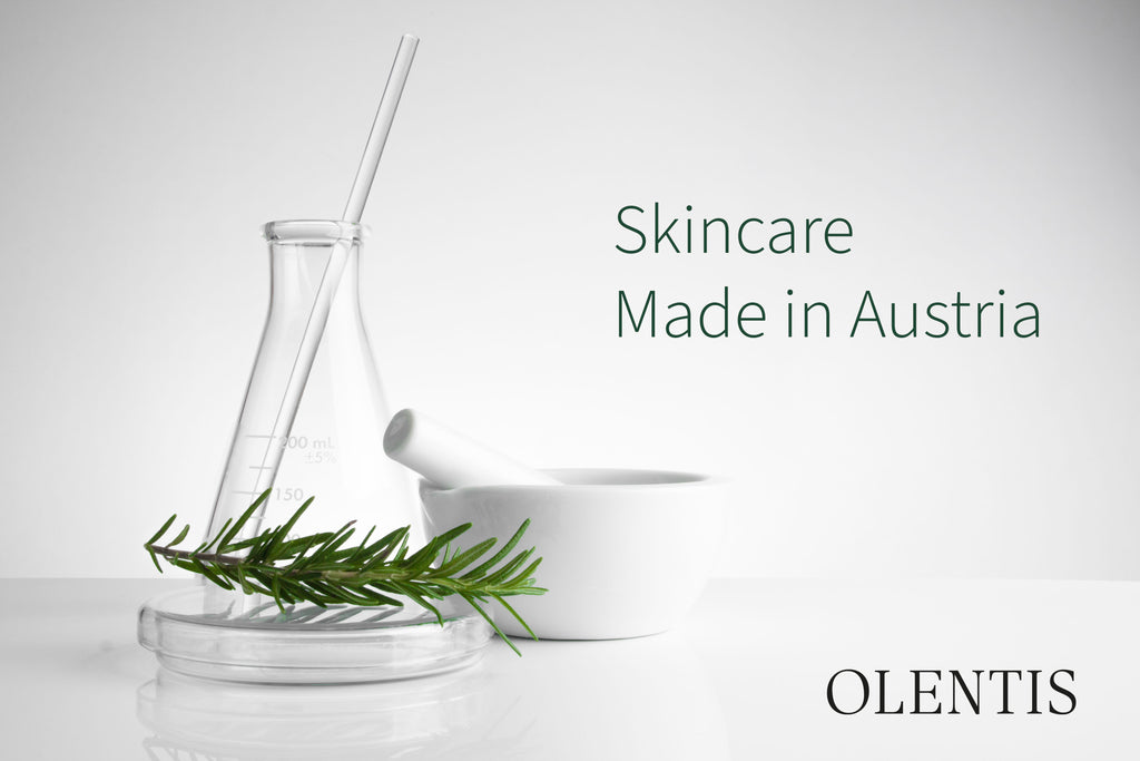 Herstellprozess der OLENTIS Hautpflege Produkte mit Aufschrift Skincare made in Austria