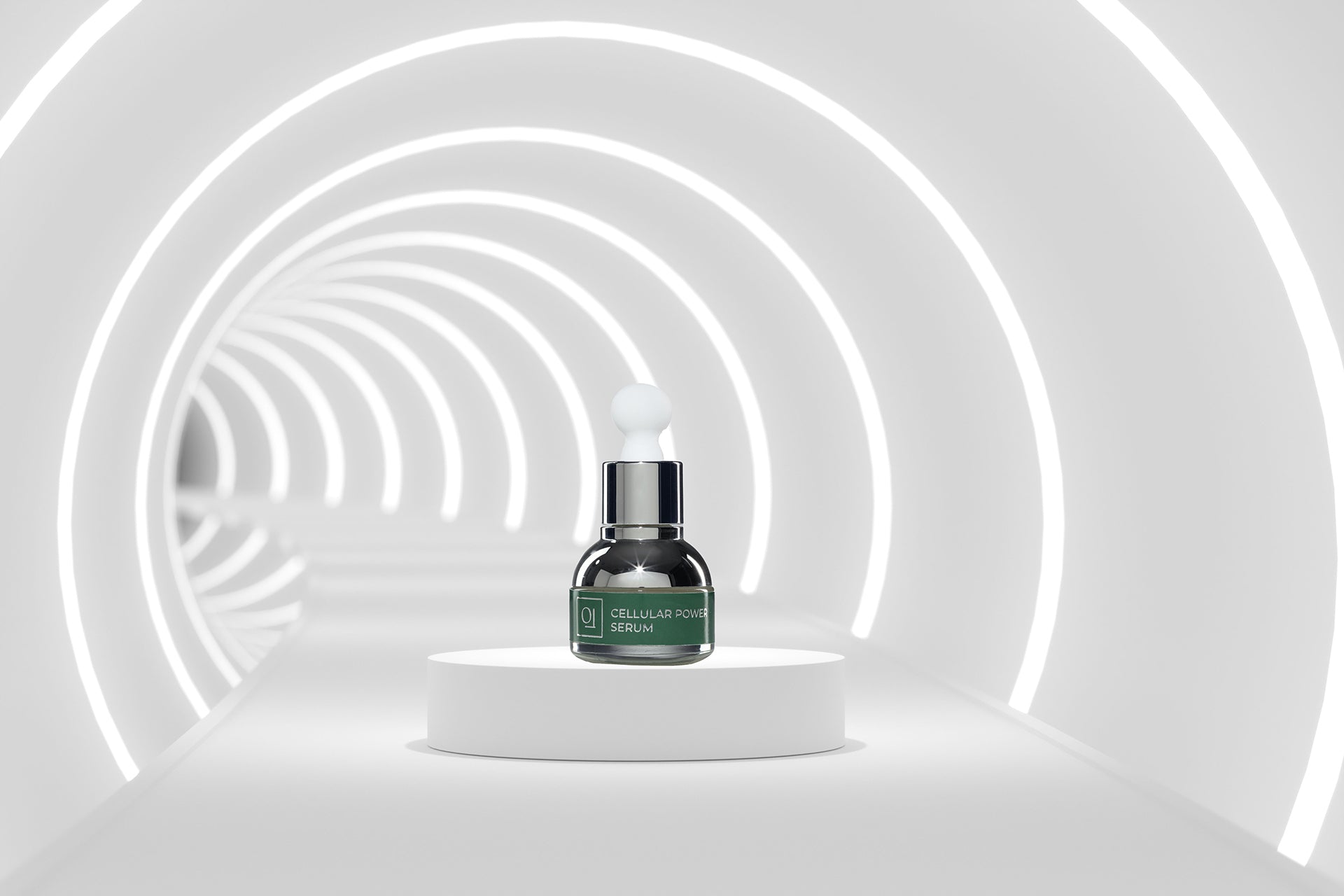 Das OLENTIS Cellular Power Serum in einem weißen Tunnel mit licht